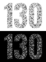 Typography illustration of 130 made from repeating numbers in black and white