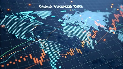 Global financial data visualization with world map, digital dots, bar graphs, and trend lines in modern abstract style on dark navy background