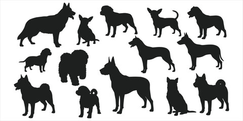 Diverse Dog Breed Silhouettes Collection in Multiple Poses on White Background canine animal