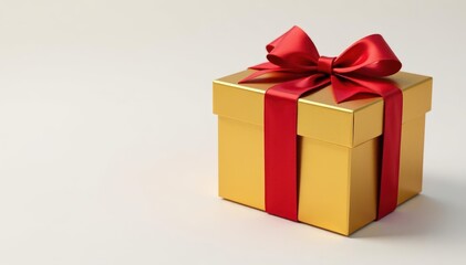 Elegant golden gift box with crimson ribbon, isolated , luxury, golden box