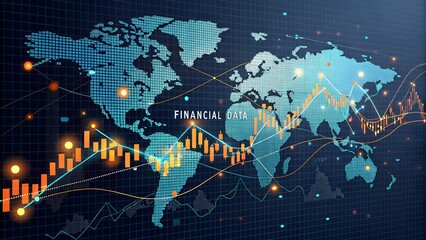 Global financial data visualization with world map, digital dots, bar graphs, and trend lines in modern abstract style on dark navy background