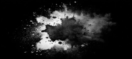 Abstract grayscale ink splatter on a black background