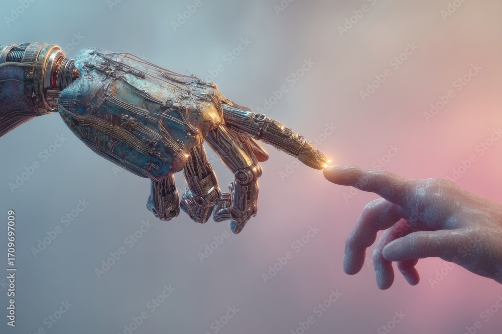 Poster robot and human hands reaching towards connection in a symbolic gesture