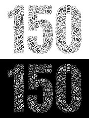 Typography illustration of 150 made from repeating numbers in black and white