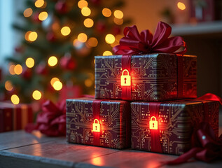 Futuristic holiday gifts with digital shield wrapping — secure Christmas presents, glowing cyber protection and tech inspired festive concept