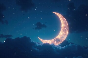 Fototapeta premium Bright crescent, tranquil blue backdrop Symbolic Ramadan start , Ramadan Kareem, background, fresh