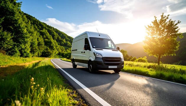 White delivery van driving on scenic road with sunny day, green landscape, and transportation. - Powered by Adobe