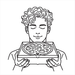 Delighted Person Holding a Pizza Box, Enjoying the Aroma of Freshly Baked Pizza