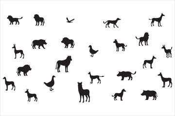 A diverse collection of various animal silhouettes, showcasing a wide range of species from land and air, presented as a graphic design element for educational or decorative purposes