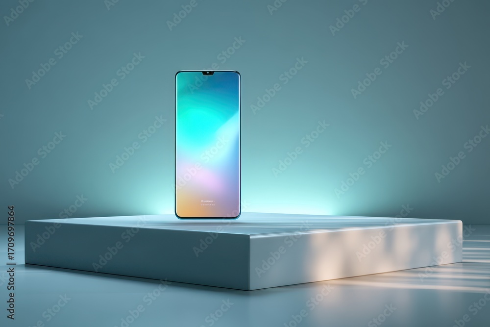 Poster modern smartphone on a minimalist platform with glowing gradient background