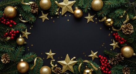 Holiday Background with Pine Branches and Golden Decorations