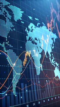 Global financial data visualization with world map, digital dots, bar graphs, and trend lines in modern abstract style on dark navy background