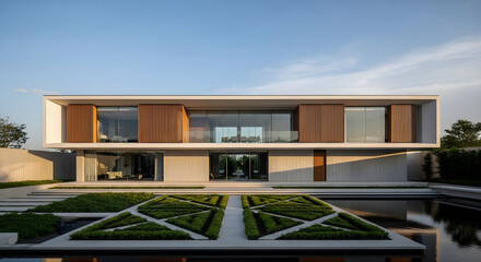 A modern luxury residence with clean lines, expansive glass windows, and a meticulously landscaped garden featuring geometric hedges and a reflective pool.