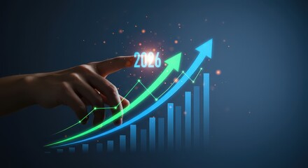 Hand interacting with a 2026 growth chart showing positive business trends and financial projections