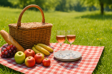 Picnic basket with fruits, bread, and wine on checkered blanket outdoors