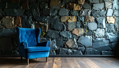 Blue armchair in a modern room with a stone wall