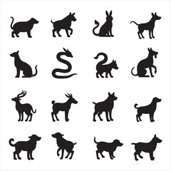 Collection of Stylized Silhouettes of Various Animals, Including Dogs and Other Creatures, in a Grid Layout