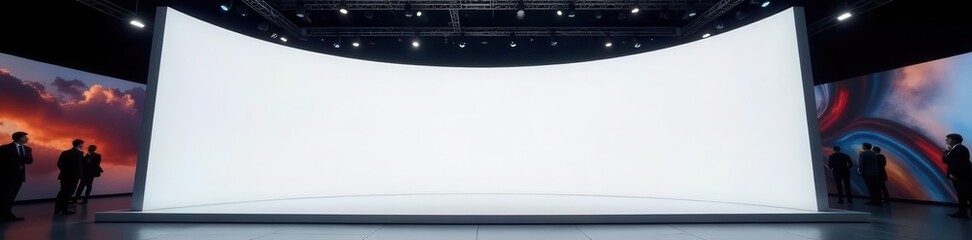 Curved white trade show display, dark background, overhead illumination, modern exhibit, concept, innovation