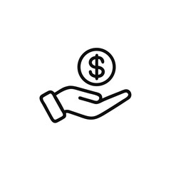 save money icon in line style, hand holding dollar isolated on white background, salary money, invest finance, hand holding dollar, money business concept,