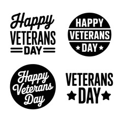 Happy veterans day badge set, round icons collection, black label designs, emblem pack, typography bundle, holiday stickers, vector