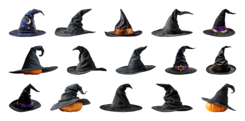 Assorted witch hats on pumpkins.