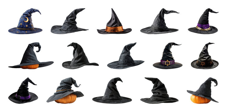 Assorted witch hats on pumpkins. - Powered by Adobe