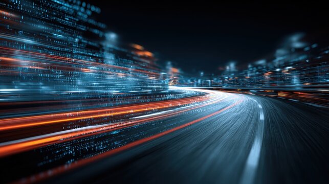 Elegant photo of digital data flow on road in concept of cyber global communication and coding with graphic creating vision of fast speed transfer to show agile digital.