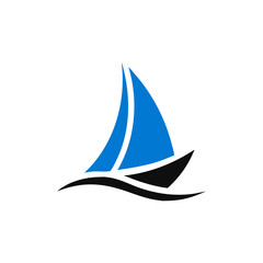 blue Sailing boat logo icon abstract vector template. Sailboat on the waves. Vector illustration