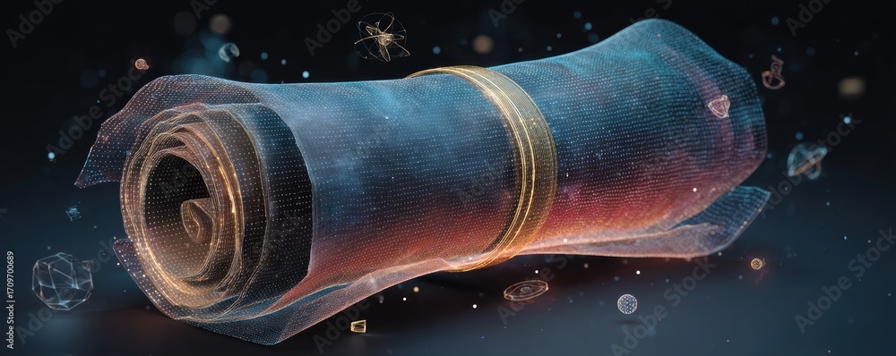 Poster futuristic holographic scroll floating in a dynamic cosmic environment