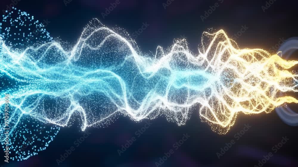 Poster abstract blue and gold particle flow moving left to right representing energy or gas movement in an 