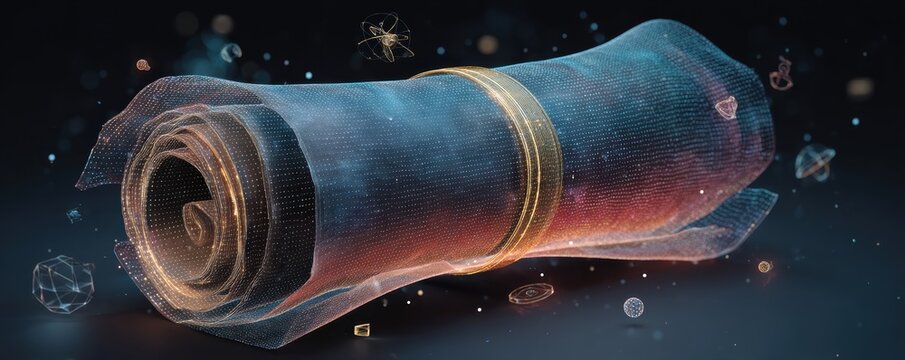 Futuristic holographic scroll floating in a dynamic cosmic environment