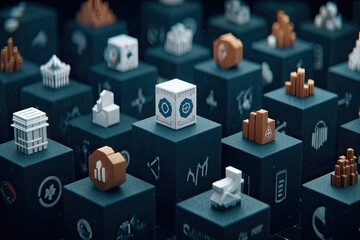 Abstract digital cubes with various icons, representing data and finance