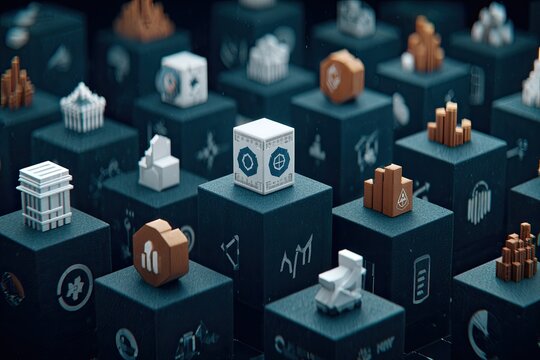 Abstract digital cubes with various icons, representing data and finance