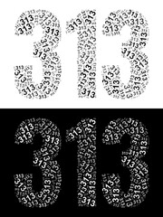 Typography illustration of 313 made from repeating numbers in black and white