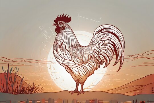 Stylized Rooster Illustration Sunset Landscape Warm Colors Artistic Style - Powered by Adobe