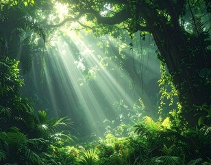Fototapeta premium Sunbeams filtering through lush green jungle canopy