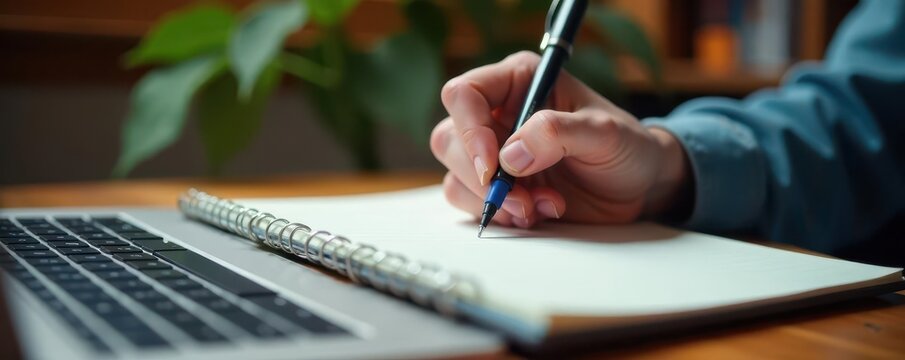 A hand diligently scribes in a notebook atop a laptop, soft focus backdrop, notebook, pen, education