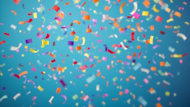 Colorful confetti falling dynamically against a solid blue background, conveying a sense of joyful celebration.
