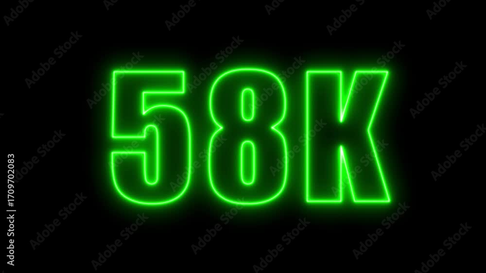 Aufkleber glowing green neon animation displaying the number fifty eight thousand on black background