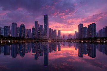 Fototapeta premium City skyline reflected in calm water during sunset.