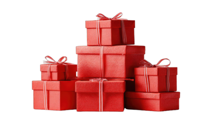 Stacked red gift boxes, tied with ribbons