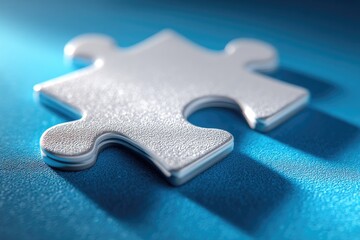Close-up of a single, metallic puzzle piece on a textured blue surface