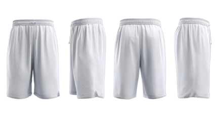 Four views of plain white athletic shorts