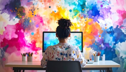 Woman at desk with computer with artistic background, creative workspace, and back view.