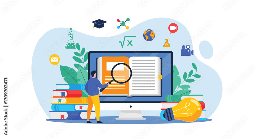 Poster person examines digital document on computer screen with educational icons symbolizing learning
