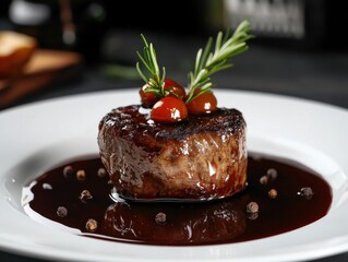 Gourmet steak, perfectly cooked, with rich red wine sauce, garnished with rosemary and cherry tomatoes