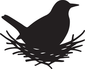 Fototapeta premium Blackbird in nest silhouette vector, charming design for wildlife, nature, and spring art.