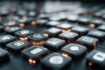 Close-up of many glowing app icons