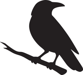 Fototapeta premium Crow perched on branch silhouette vector, striking design for wildlife, nature, and art.