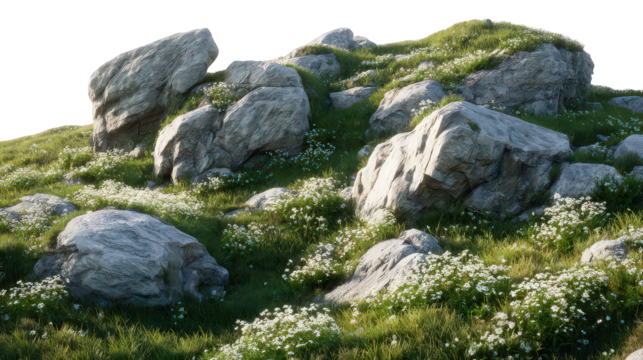 Rocky Hillside with Sparse Grass and Small Flowers